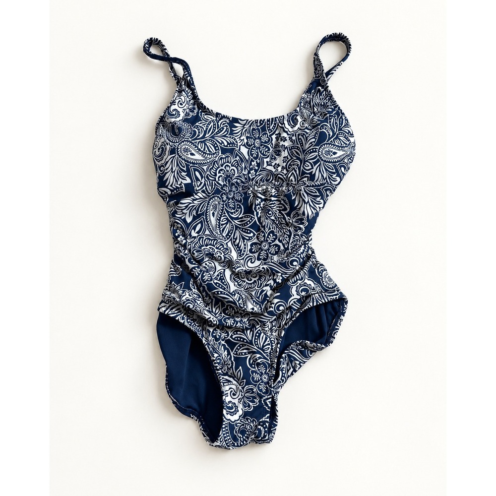 Lands End Womens Navy White Paisley One Piece Swimsuit Ruched UPF 50+ Small NEW